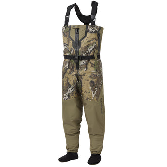 Bassdash Desolve Olive Camouflage waders on a white background
