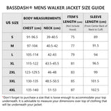 Bassdash Men's Walker Jacket Size Guide with measurements