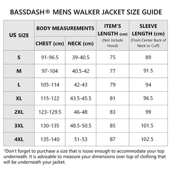 Bassdash Men's Walker Jacket Size Guide with measurements