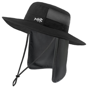 Unisex UPF 50+ Wide Brim Bucket Hat with Detachable Neck Flap FH02 - Bassdash#color_black