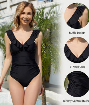 WILDBREATH Women's Tummy Control Ruffled Strap One Piece Swimsuit - Bassdash