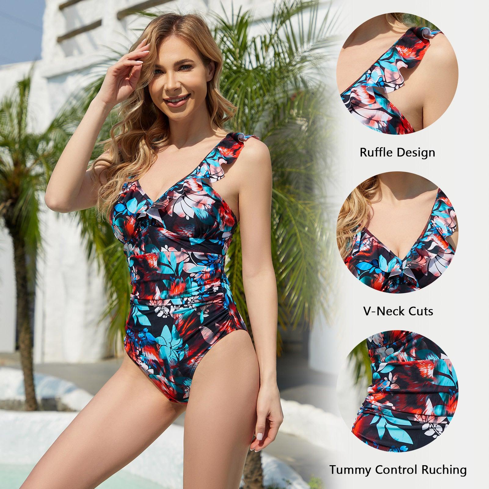 Tummy Control Bathing Suit with Ruffled Strap