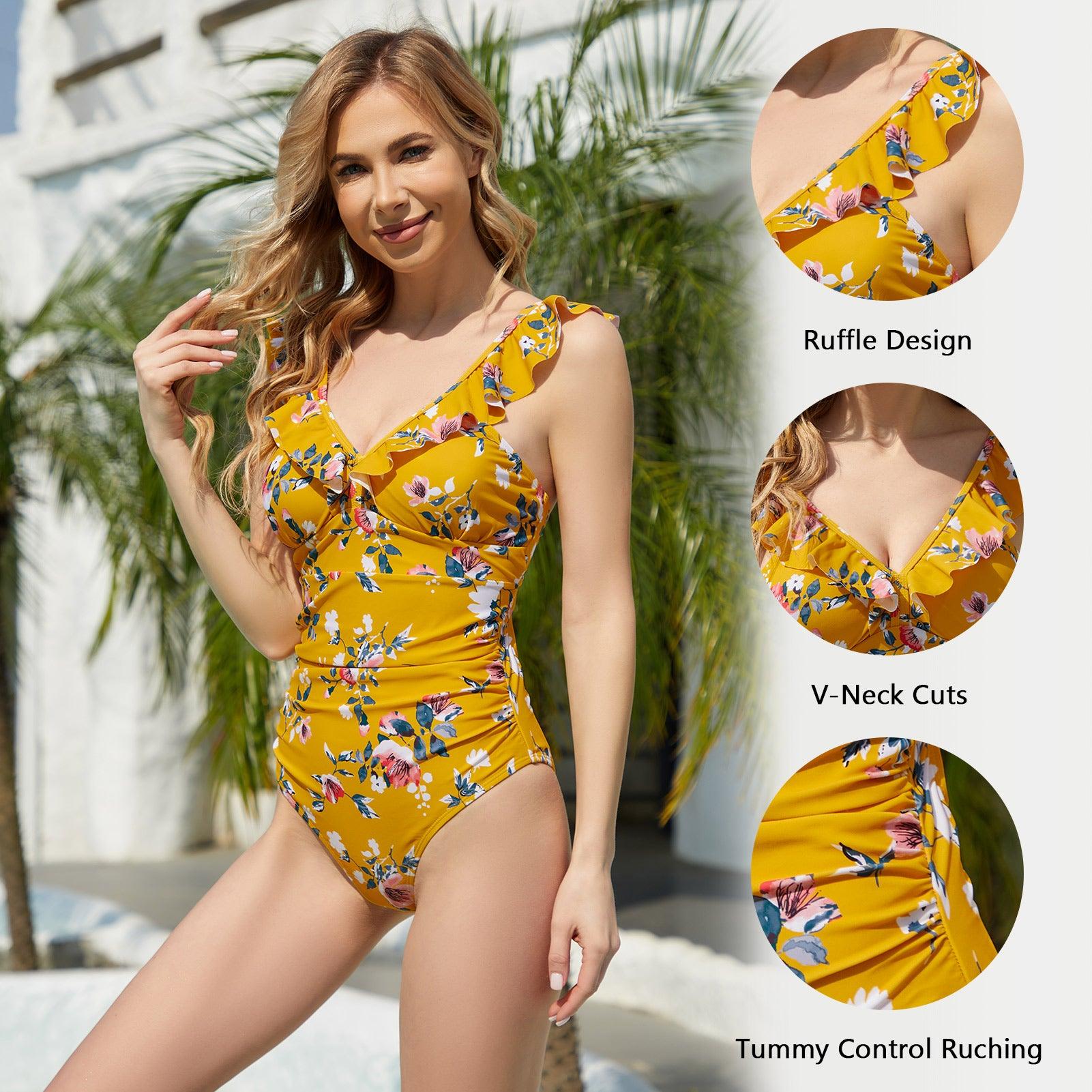 Ruffled Swimwear Women High Cut Swimsuits One Piece 2023 Sexy Belted Bodysuit  Yellow Ruched Beachwear Summer Bathing Suit - AliExpress