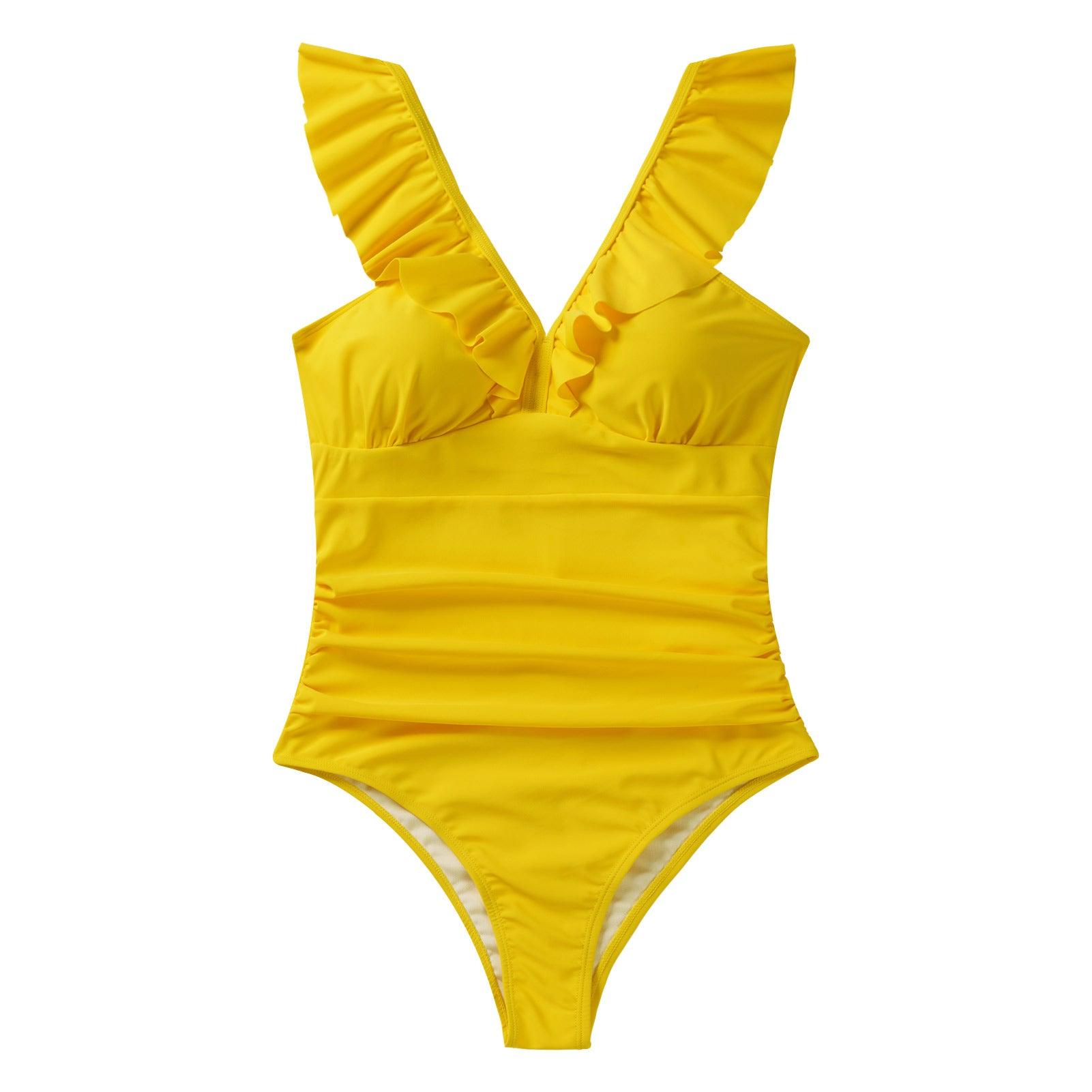 Ruffled Swimwear Women High Cut Swimsuits One Piece 2023 Sexy Belted Bodysuit  Yellow Ruched Beachwear Summer Bathing Suit - AliExpress