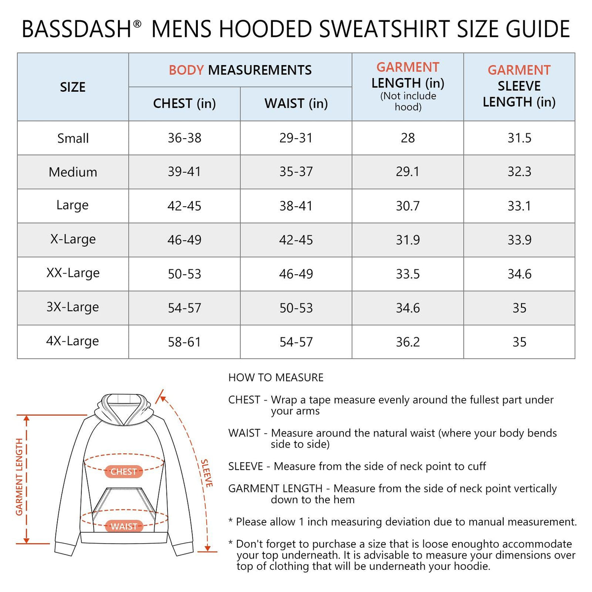 BASSDASH Men‘s Fleece Hoodies FS32M - Bassdash