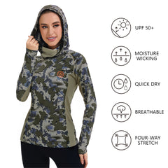 Women’s UPF 50+ Camo Hoodie Shirt with Neck Gaiter FS03W