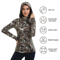 Women’s UPF 50+ Camo Hoodie Shirt with Neck Gaiter FS03W