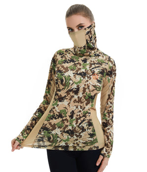 Women’s UPF 50+ Camo Hoodie Shirt with Neck Gaiter FS03W