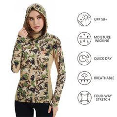 Women’s UPF 50+ Camo Hoodie Shirt with Neck Gaiter FS03W