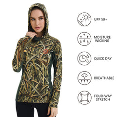 Women’s UPF 50+ Camo Hoodie Shirt with Neck Gaiter FS03W