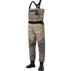 A pair of men's chest waders boots featuring a beige and gray color with black suspenders and a black belt.