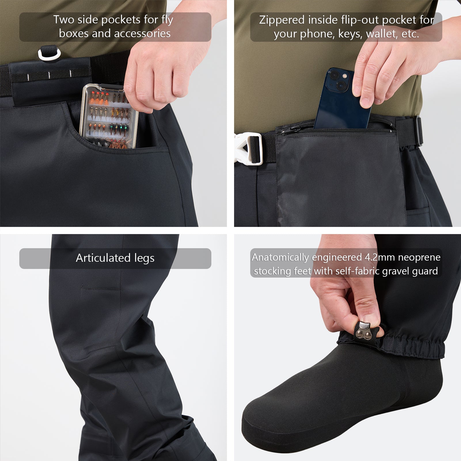 thumbnail image 2 of BASSDASH Men’s Breathable Wading Pants – Waterproof Fly Fishing Waist High Waders With Pockets, Stocking Foot & Repair Kit 2 of 12