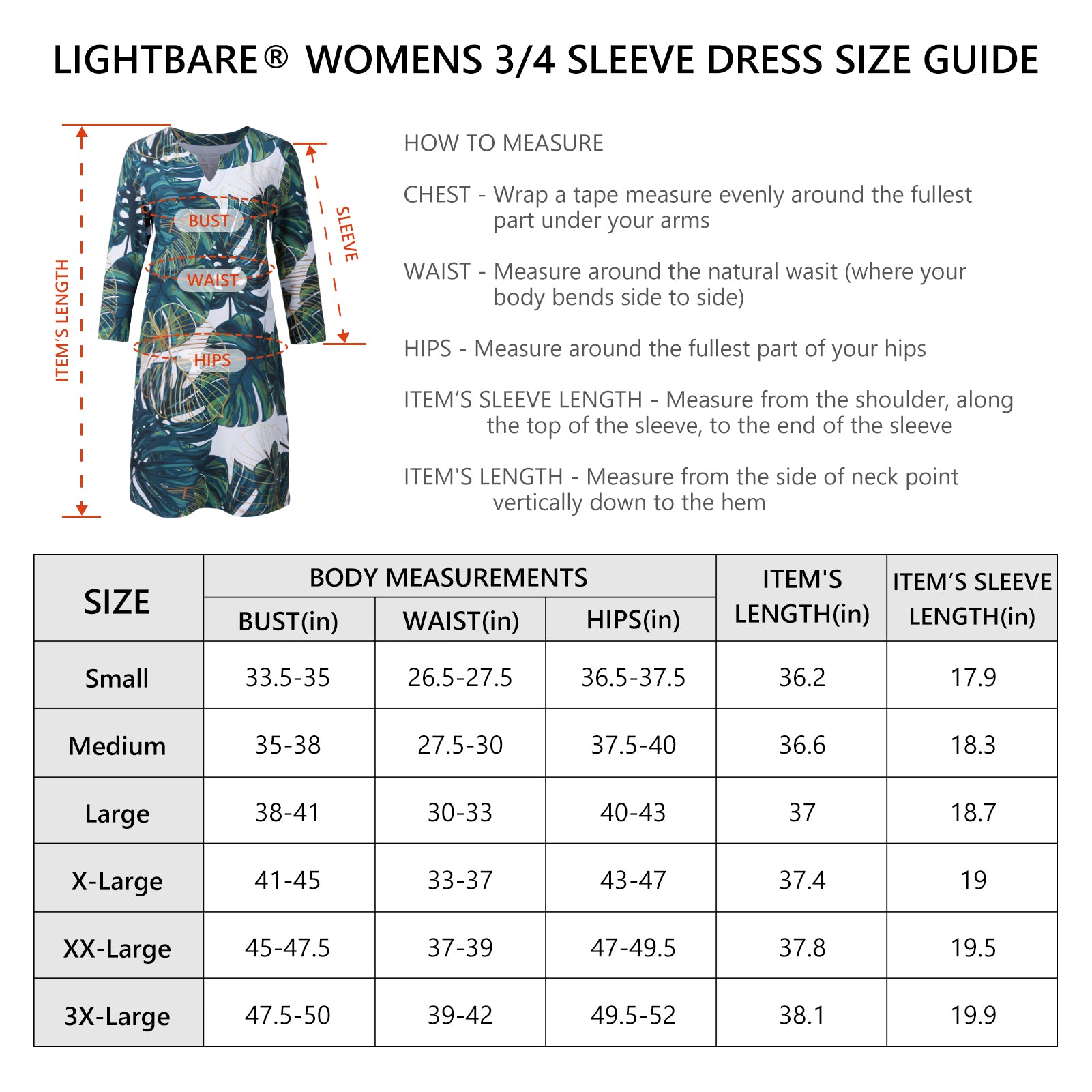 Lightbare Women's UPF50+ 3/4 Sleeve Dress LB04W