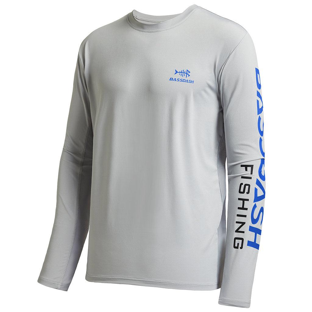 Bassdash Fishing T Shirts for Men UPF 50+ Sun Protection Long Sleeve Hiking Fishing Shirt, Cool Grey/Vivid Blue Logo / XL