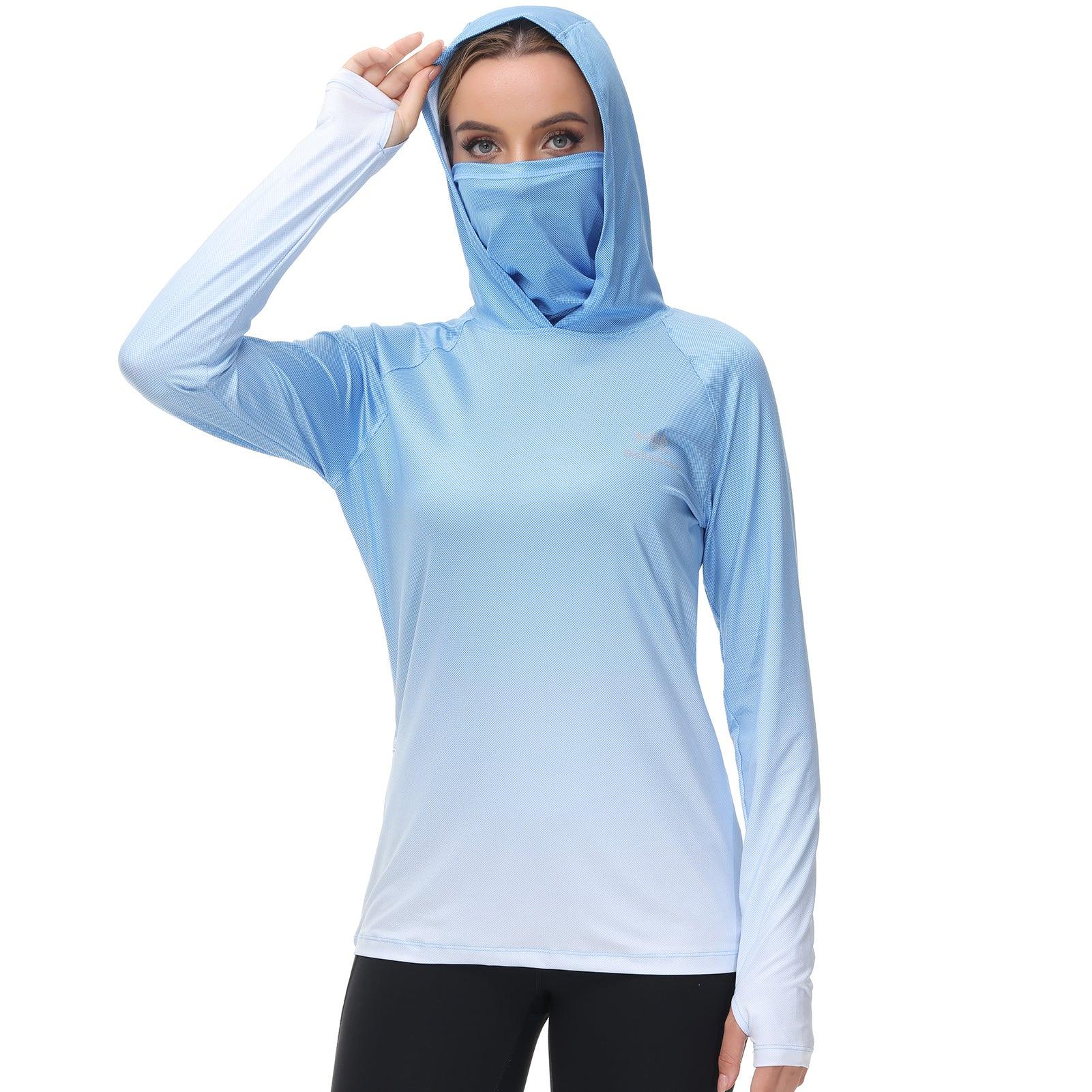 Women's UPF 50+ Fishing Hoodies with Face Mask Thumb Holes FS23W, Sky Blue Spot Gradient / X-Small