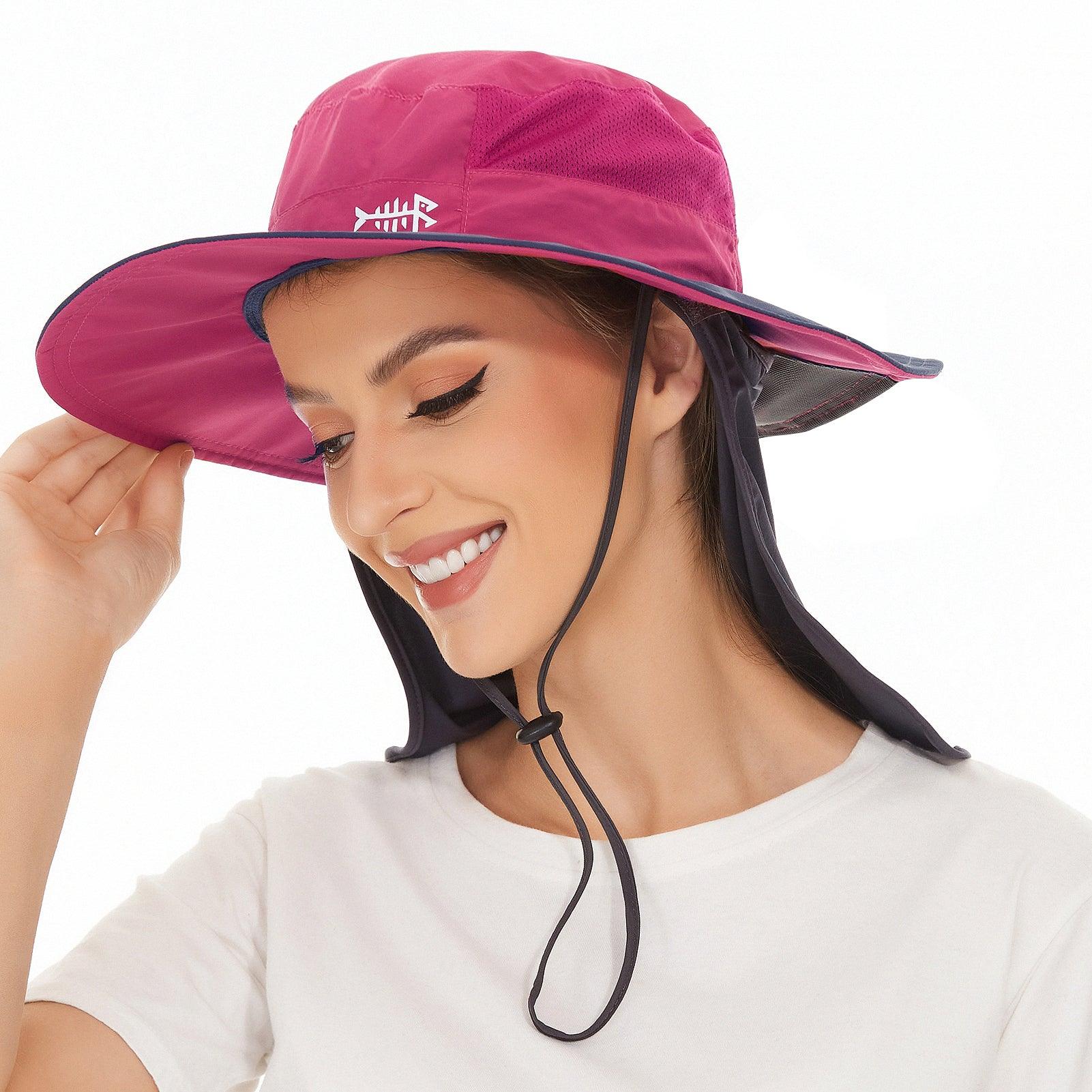 Women's UPF 50+ Sun Hat with Ponytail Hole Neck Flap FH05W, Rose Pink/Dark Grey