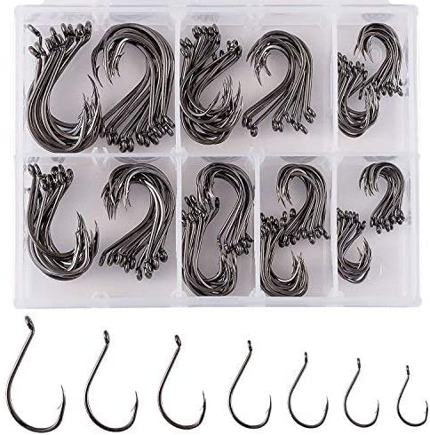 175/180 Pcs Octopus Offset Fishing Hooks in Assorted Sizes with Tackle Box