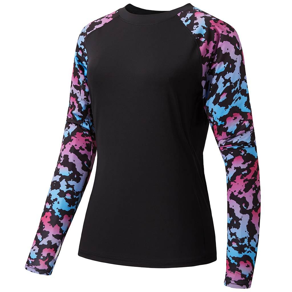 Women’s UPF 50+ Camo Long Sleeve Fishing Shirts, Black/Neon Camo / 2XL