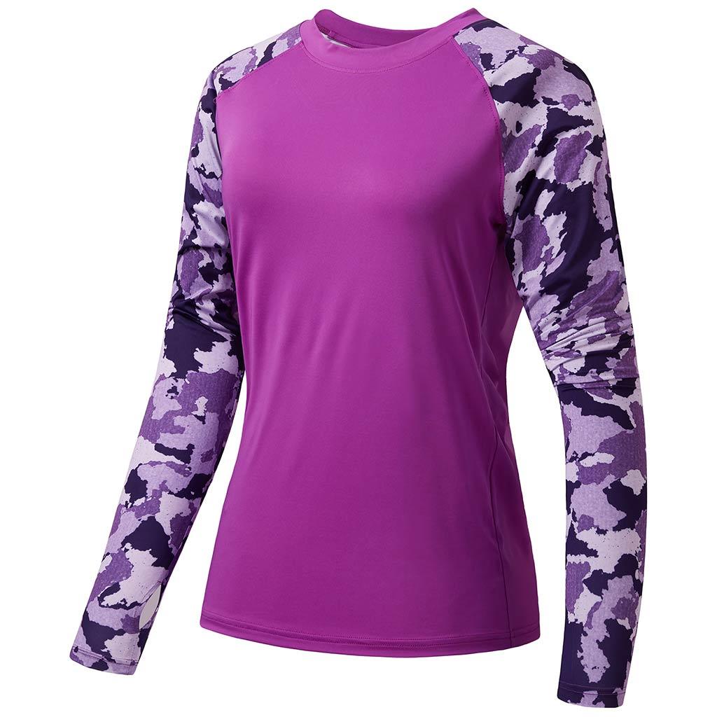 Women’s UPF 50+ Camo Long Sleeve Fishing Shirts, Violet/Purple Camo / 2XL