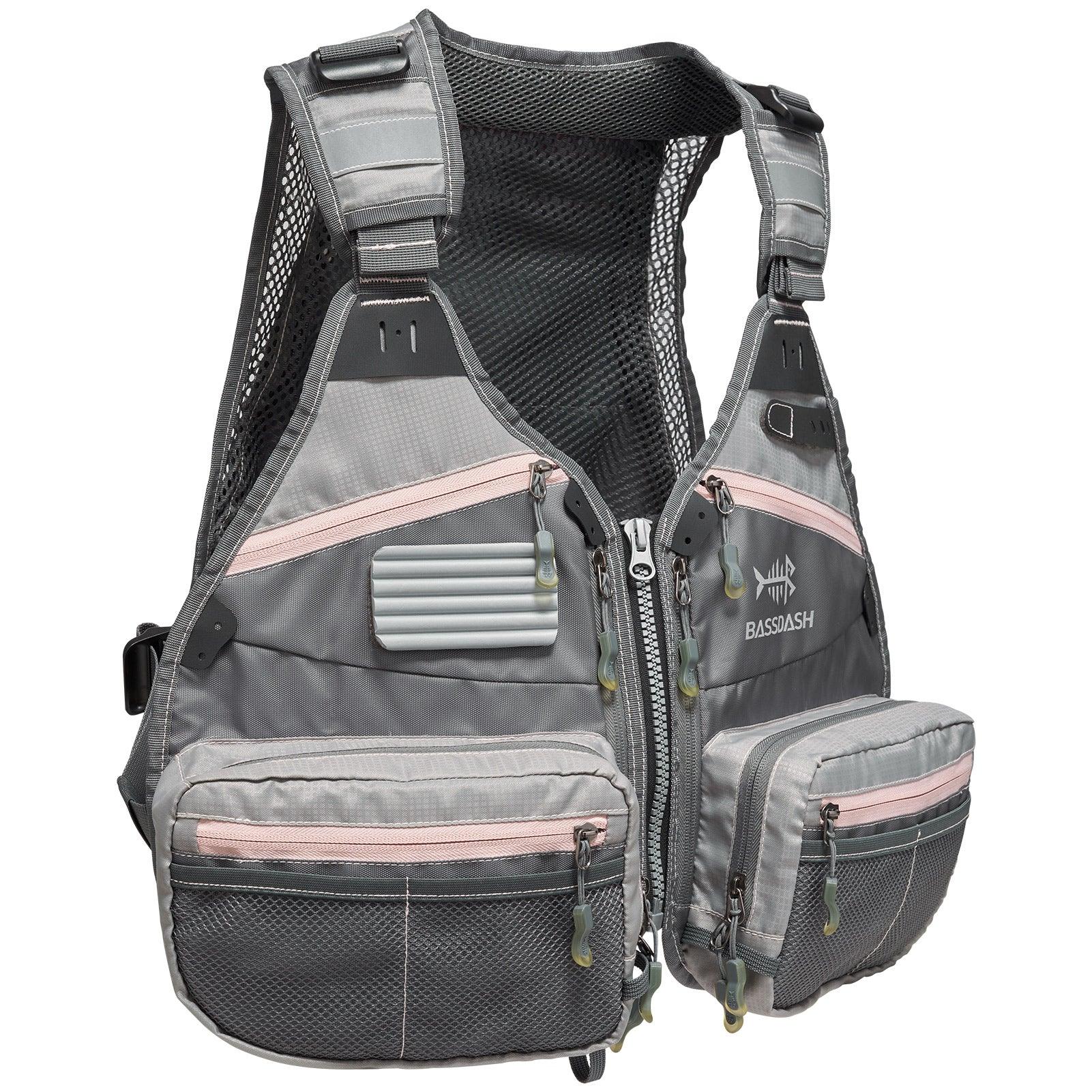 Bassdash Fv07 Fly Fishing Vest for Men and Women Adjustable Size with Detachable Water Bottle Holder Women’s - Grey/Light Pink - One Size