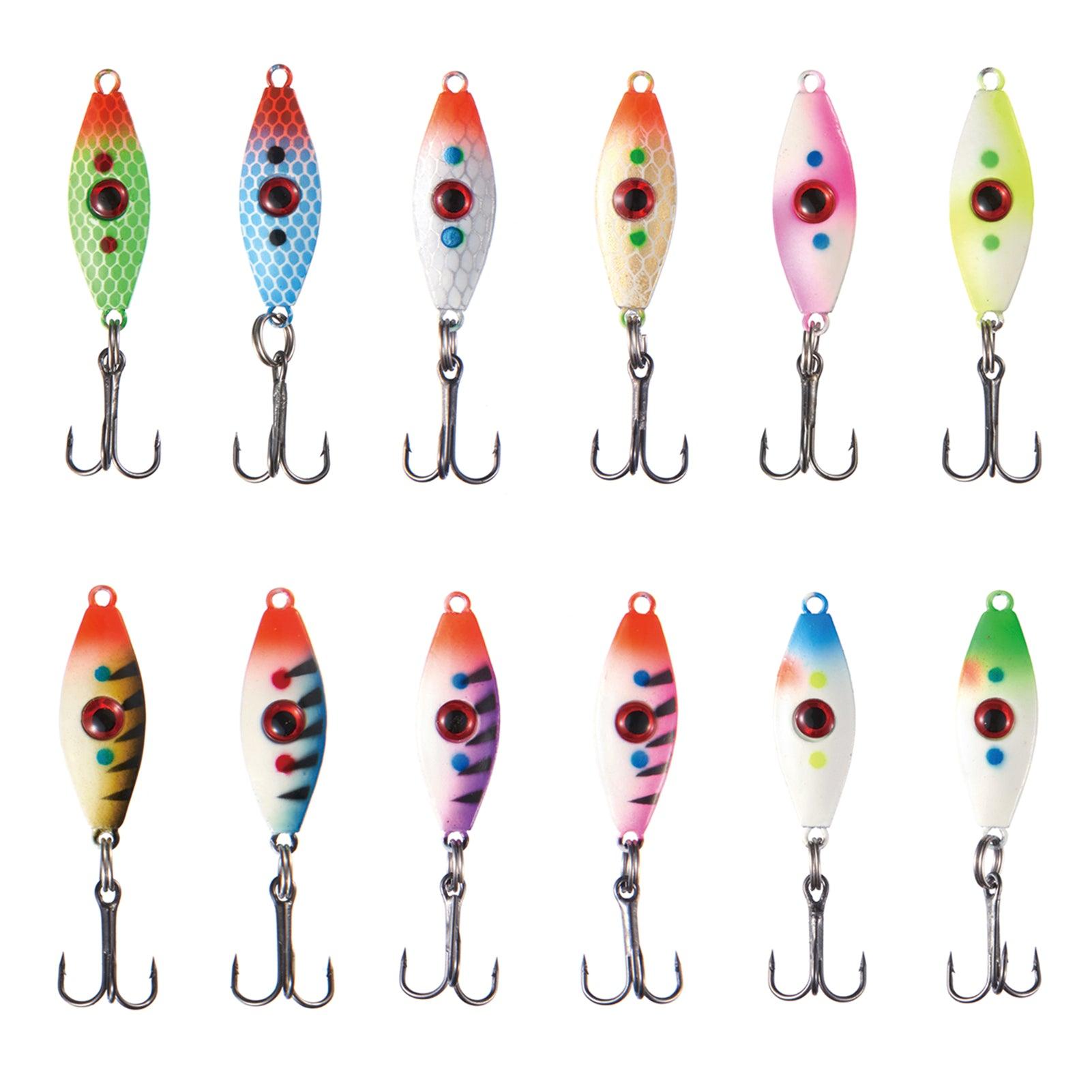 Ice Fishing Lure Kit Glowing Paint Jigs, 12pcs assorted perch/walleye/