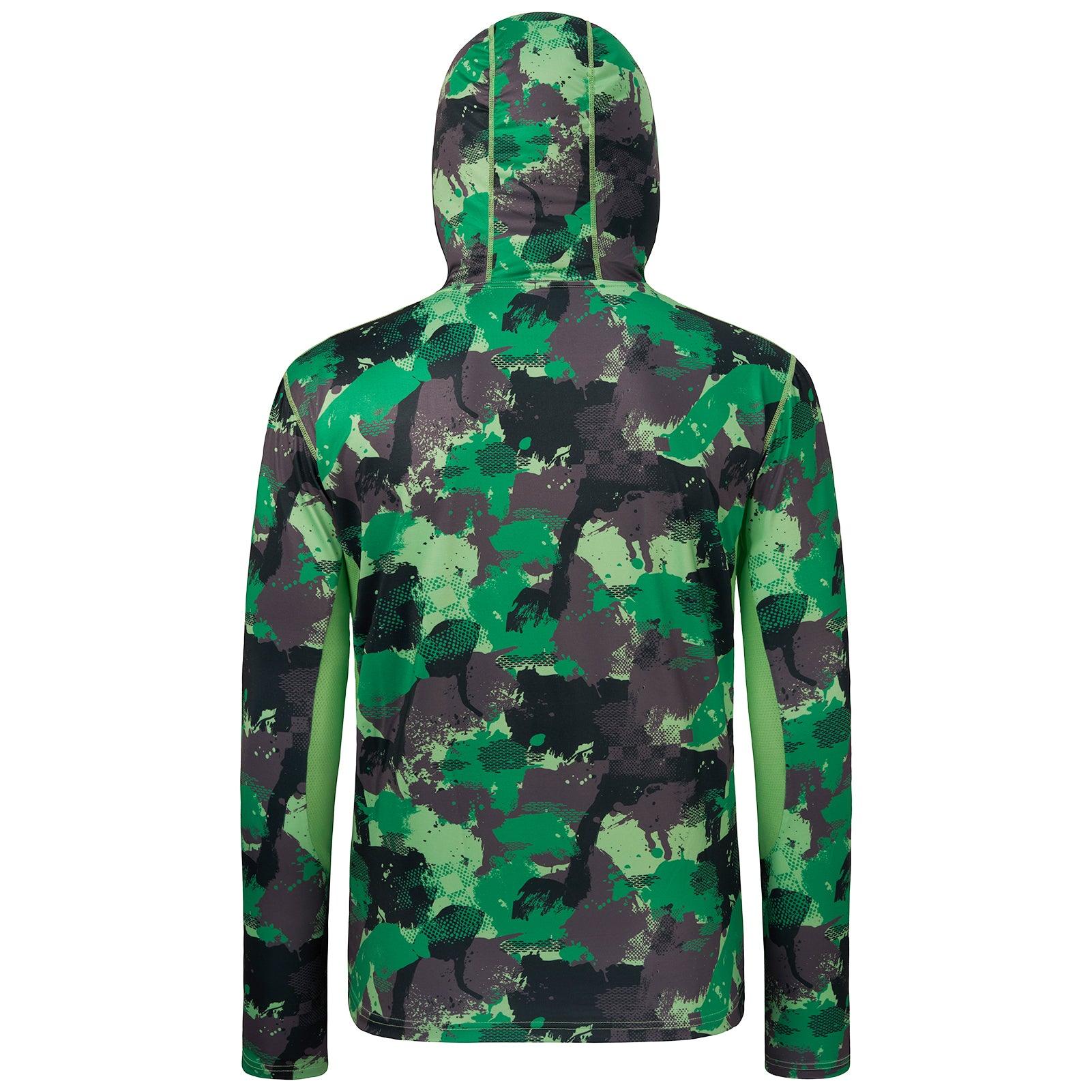 Men's UPF 50+ Camo Fishing Hoodie Shirts with Face Cover FS25M, Green Camo without neck gaiter / XX-Large