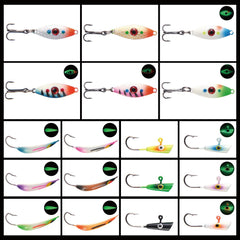 Ice Fishing Lure Kit Glowing Paint Jigs, 18pcs assorted perch/walleye/pike jigs - Bassdash