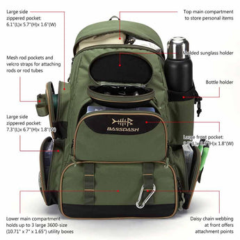 Bassdash Fishing Tackle Backpack Water Resistant Lightweight Tactical Bag Soft Tackle Box With Rod Holder And Protective