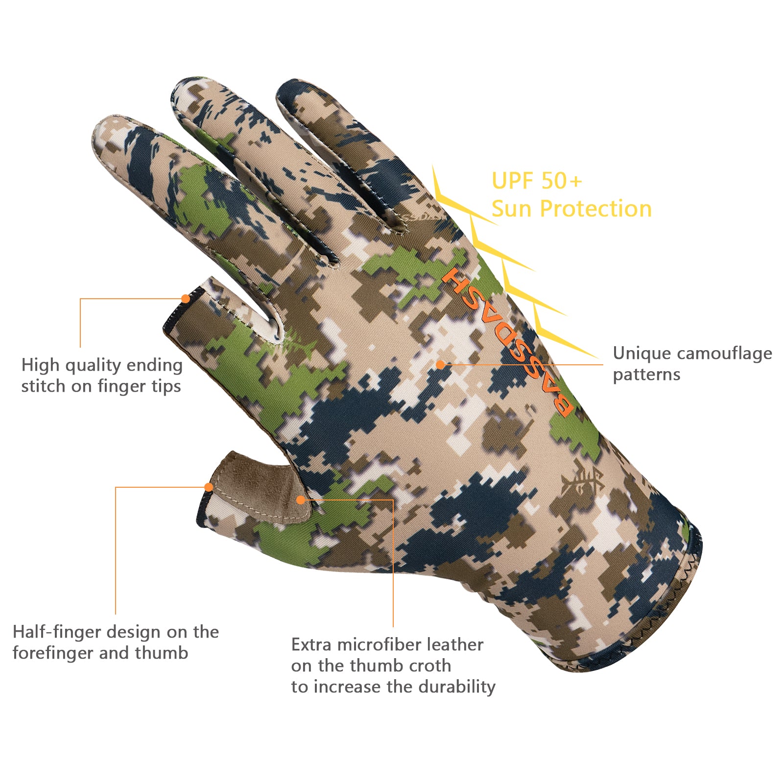  BASSDASH Men's Camo Hunting Gloves UPF 50+ Lightweight  Touchscreen Gloves for Warm Weather Fishing Hiking Outdoor Activities :  Sports & Outdoors