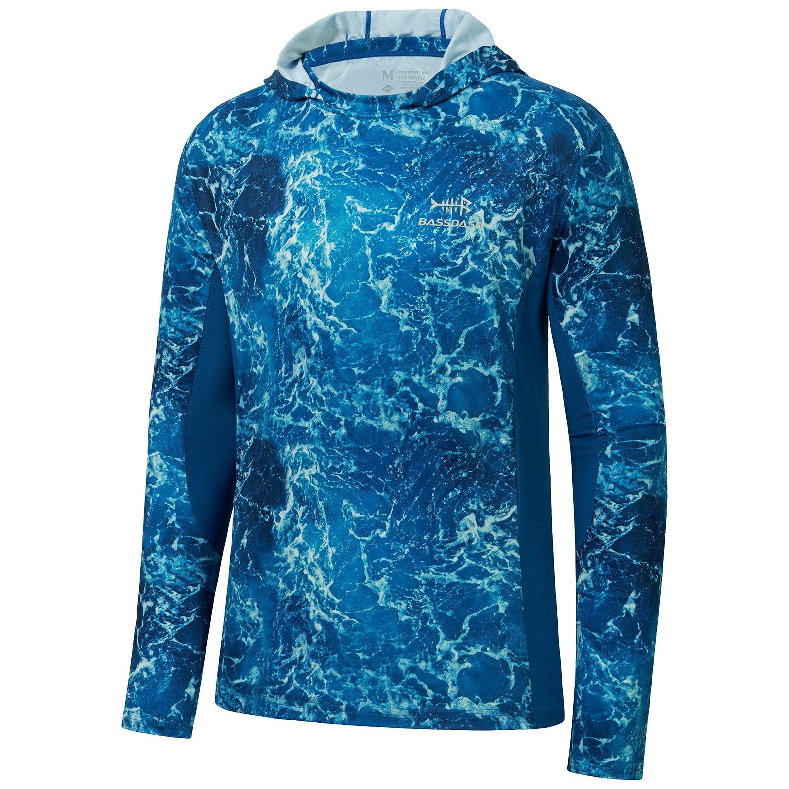 FISHEAL Men's Performance Fishing Hoodie Shirt - UPF 50+ Camo Long Sleeve  Thumbholes Shirts with Mesh Face Mask Sparkling Blue Camo Large