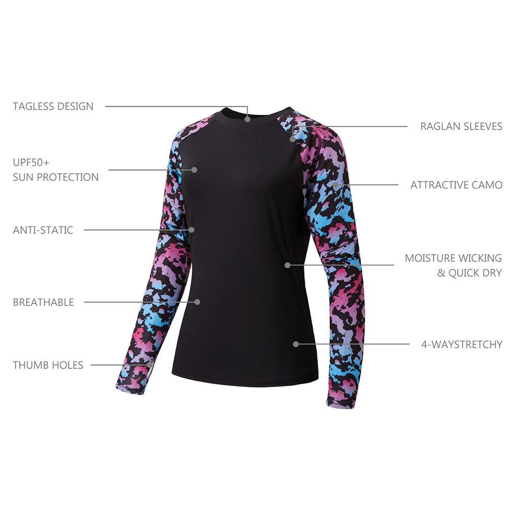 Women’s UPF 50+ Camo Long Sleeve Fishing Shirts, Black/Flamingo / XL