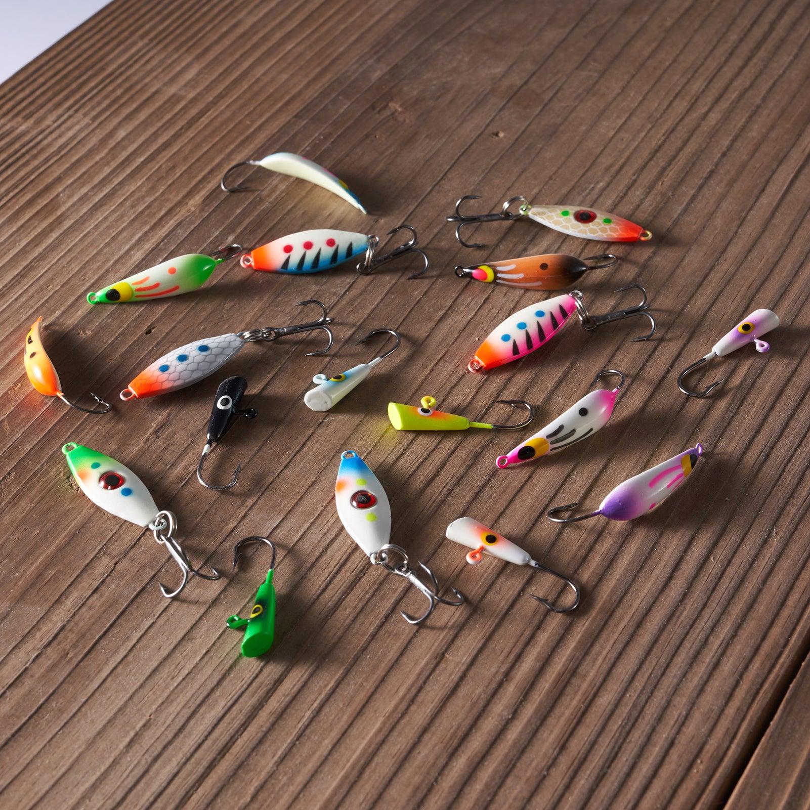 Ice Fishing Lure Kit Glowing Paint Jigs, 18pcs assorted perch/walleye/