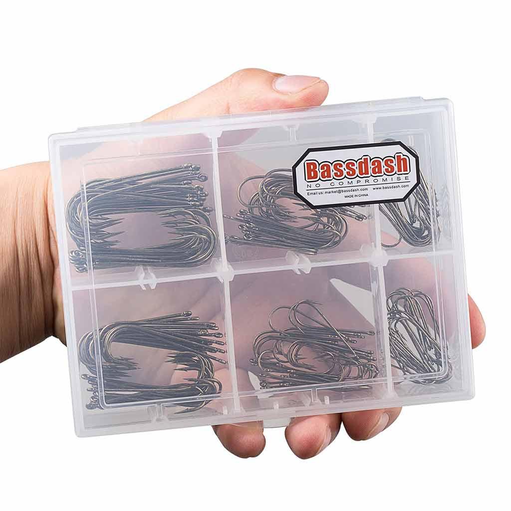 Bassdash 180 Pieces Aberdeen Fishing Hooks Assortment, Light Bronze Color, Hook Sizes 2/0, 1/0, 2, 4, 6, 8, Tackle Box