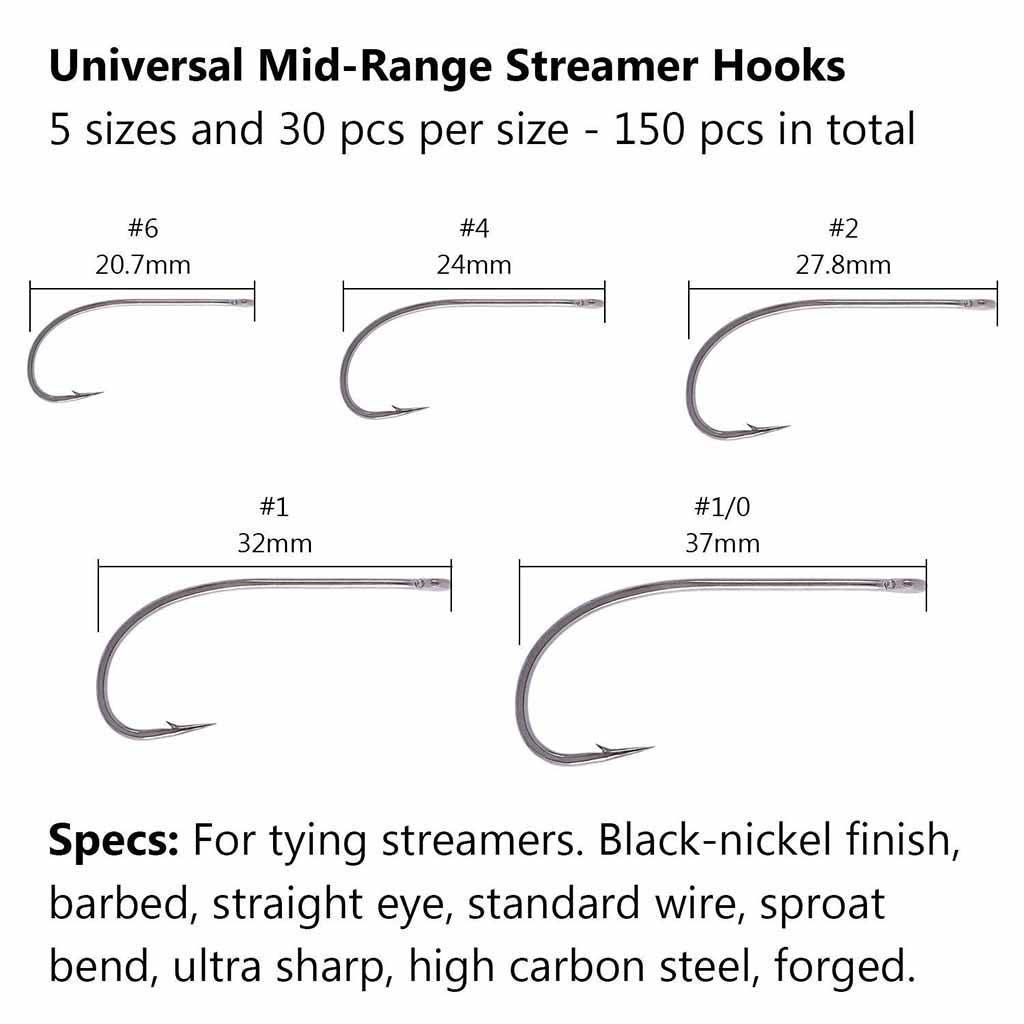 150 pcs Universal Mid-Range Streamer Fly Fishing Hooks