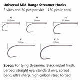 150 pcs Universal Mid-Range Streamer Fly Fishing Hooks