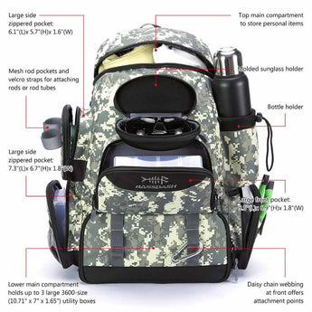 bassdash 3600 3670 3700 tackle storage waterproof utility tackle boxes Bassdash Waterproof 3600 Tackle Backpack With Rod Holder Tactical Bag For Fishing Hiking Camping, Camo Without Trays