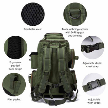 bassdash tackle bag Bassdash Waterproof Fishing Tackle Backpack Rod Holder 3670Tactical Bag, Camo Without Trays