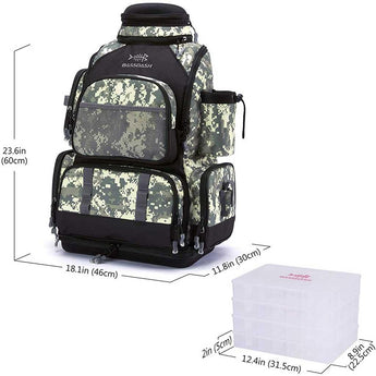Bassdash Waterproof Fishing Tackle Backpack Rod Holder 3670Tactical Bag, Camo With 4 Trays