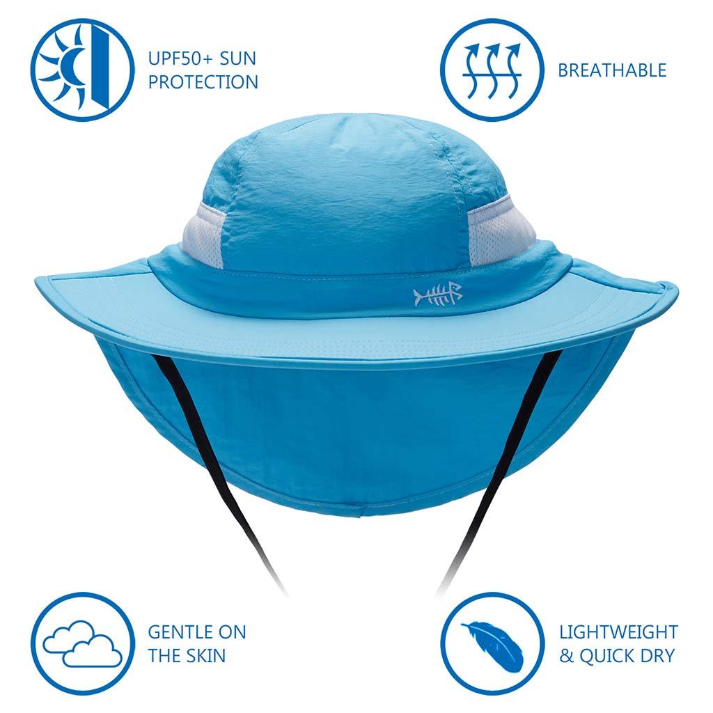 Youth UPF 50+ Sun Hat with Wide Brim Neck Flap Mesh Vent, Light Blue / Small