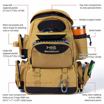 Bassdash Waterproof 3600 Tackle Backpack With Rod Holder Tactical Bag For Fishing Hiking Camping