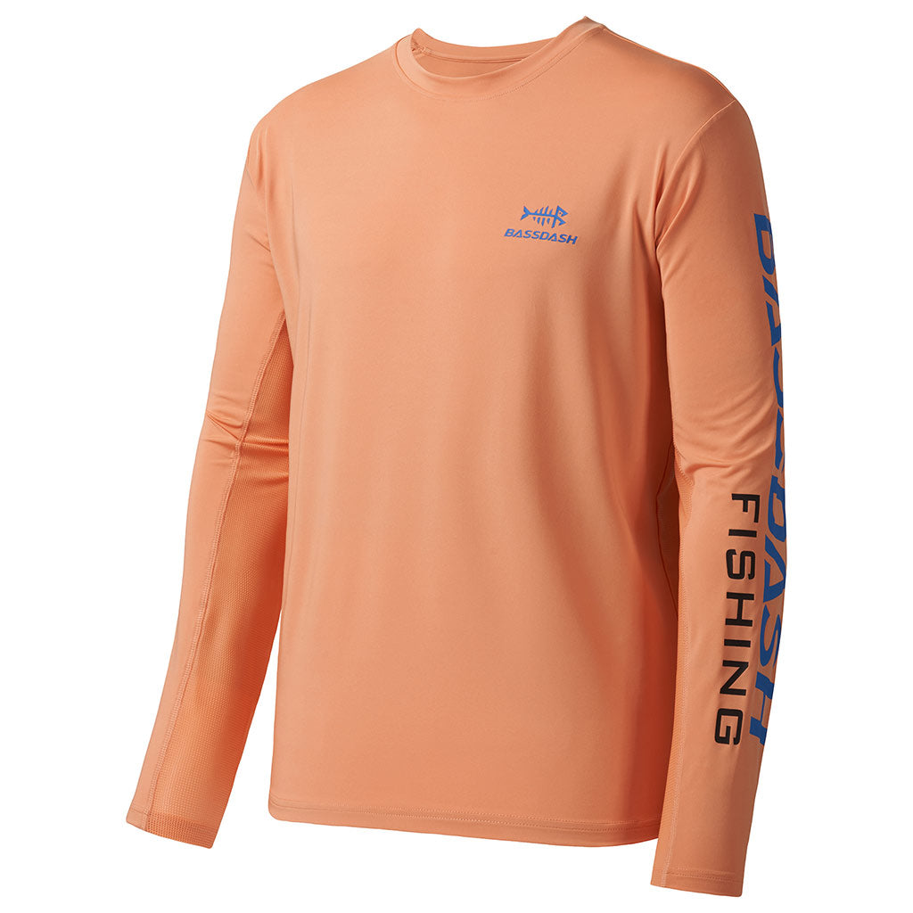 Bassdash Fishing T Shirts for Men UPF 50+ Sun Protection Long Sleeve Hiking Fishing Shirt, Peach/Vivid Blue Logo / 3XL