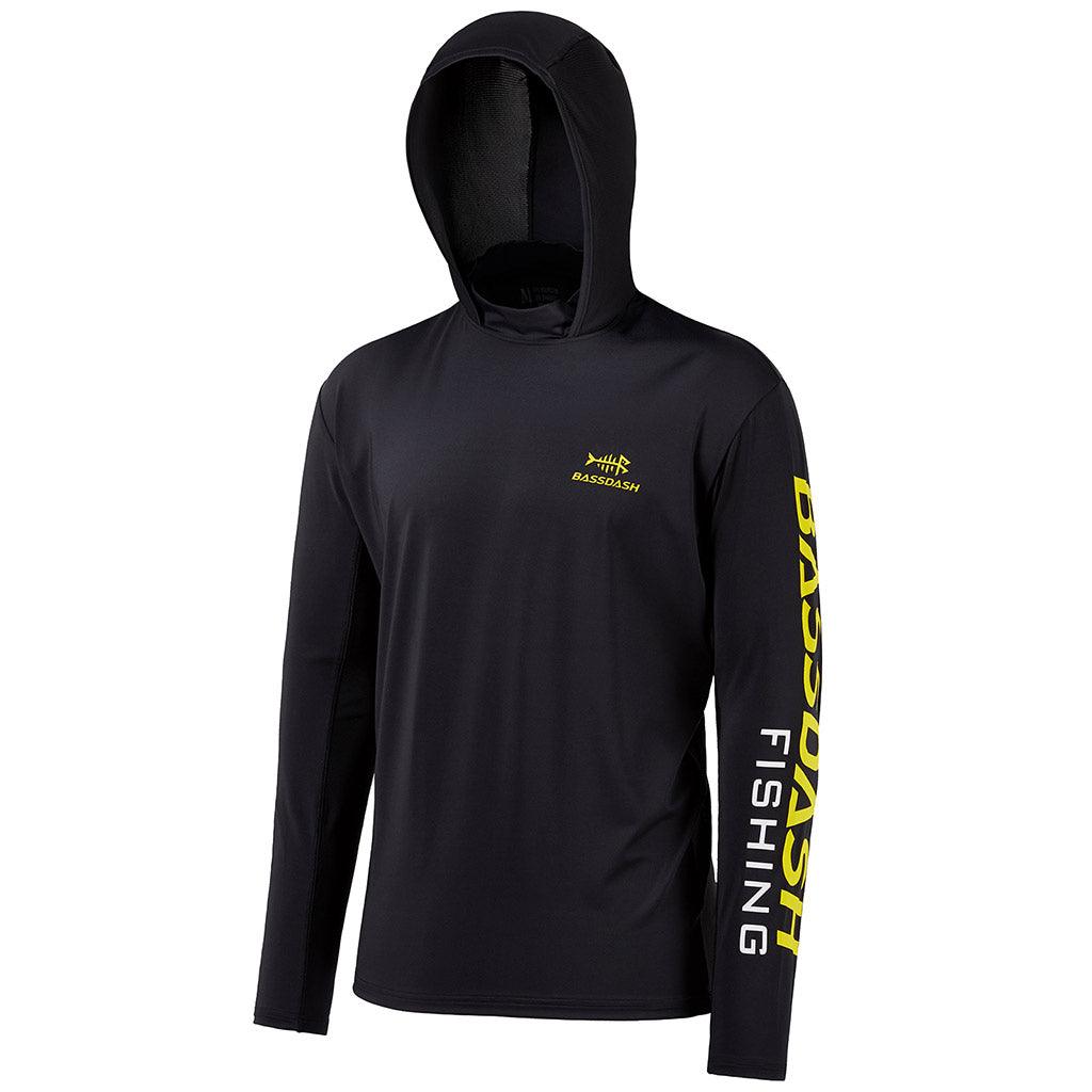 Bassdash UPF 50+ Fishing Hooded Shirt For Men Sun Protection Long Sleeve Performance Hiking Climbing Shirt, Black/Yellow Logo / S