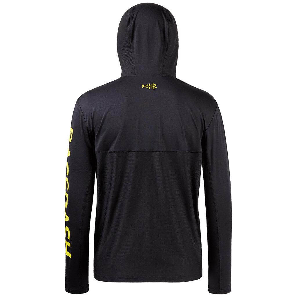 Bassdash UPF 50+ Fishing Hooded Shirt For Men Sun Protection Long Sleeve Performance Hiking Climbing Shirt, Black/Yellow Logo / S