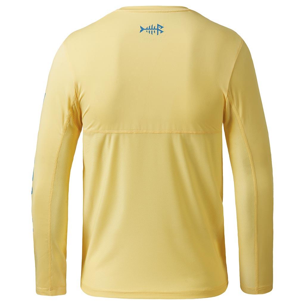 Bassdash UPF 50+ Youth Fishing Shirt Long Sleeve Performance UV Protection Shirt for Boys Girls, Light Yellow/Vivid Blue Logo / L