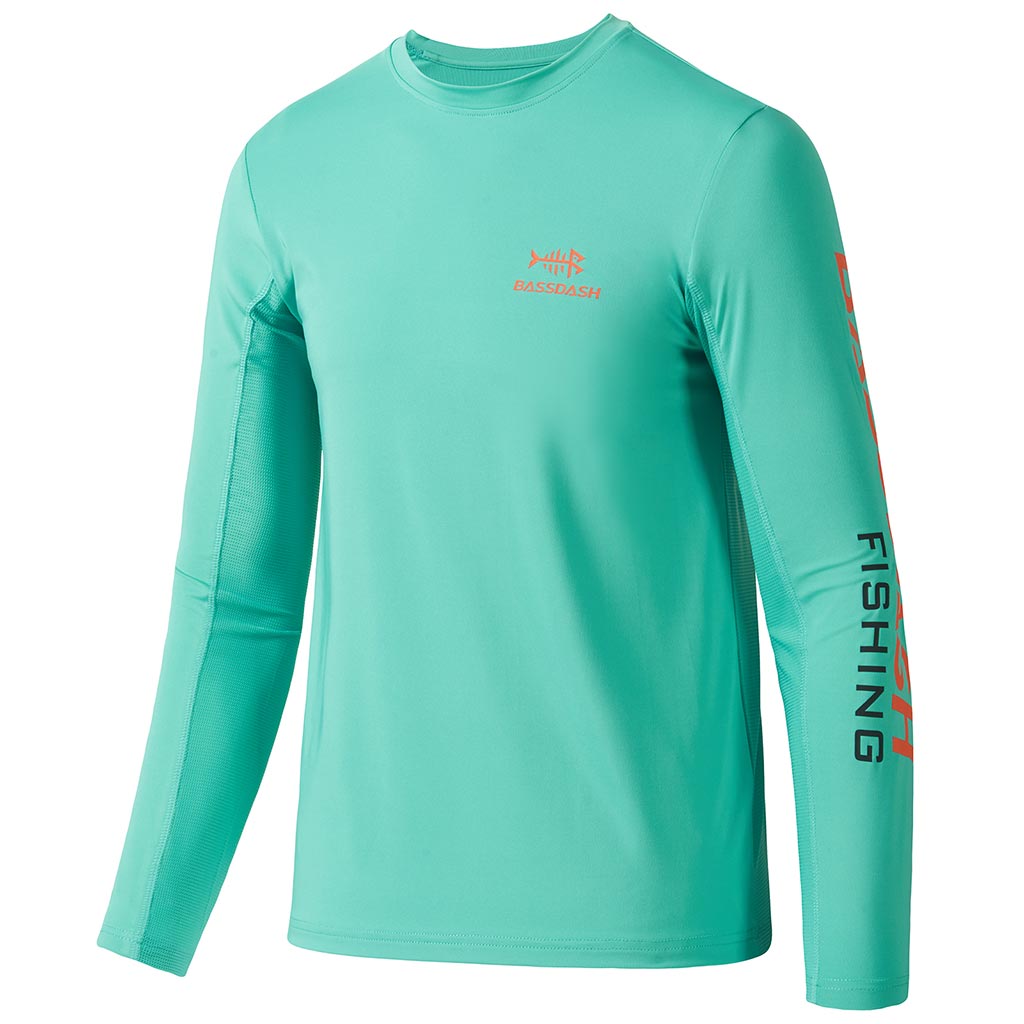 Bassdash UPF 50+ Youth Fishing Shirt Long Sleeve Performance UV Protection Shirt for Boys Girls Aqua green/tangerine Logo / XL