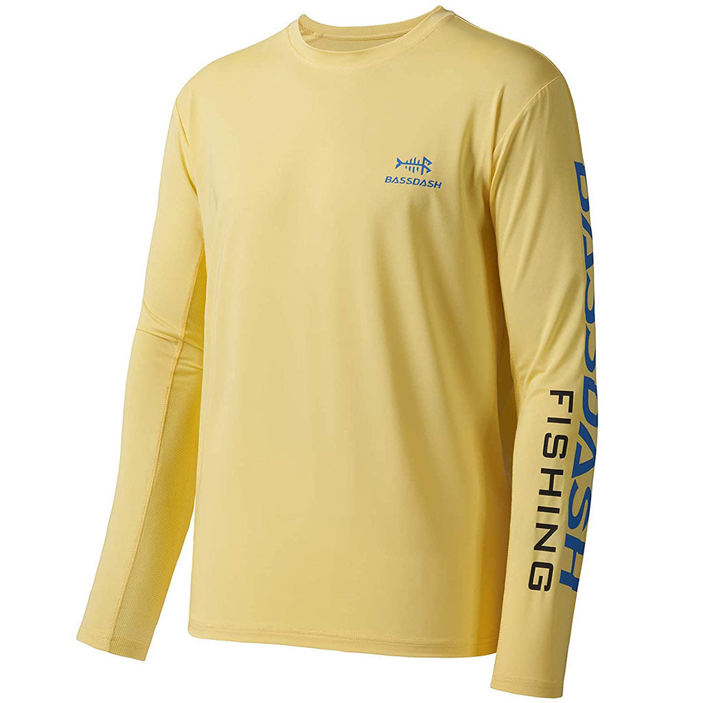 Bassdash Fishing T Shirts for Men UPF 50+ Sun Protection Long Sleeve Hiking Fishing Shirt, Light Yellow/Vivid Blue Logo / 3XL