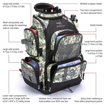 camo backpack tackle box Bassdash Waterproof Fishing Tackle Backpack Rod Holder 3670Tactical Bag, Camo With 4 Trays