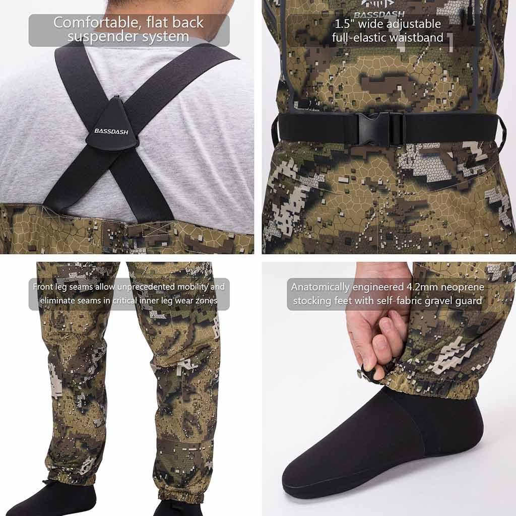 Bassdash Breathable Ultra Lightweight Veil Camo Chest Stocking Foot Fishing Hunting Waders for Men, Large