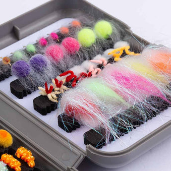 BASSDASH Trout Steelhead Salmon Fishing Flies Barbed Barbless Fly Hooks Include Dry Wet Flies Nymphs Streamers Eggs, Fly Lure Kit with Fly Box 57pcs