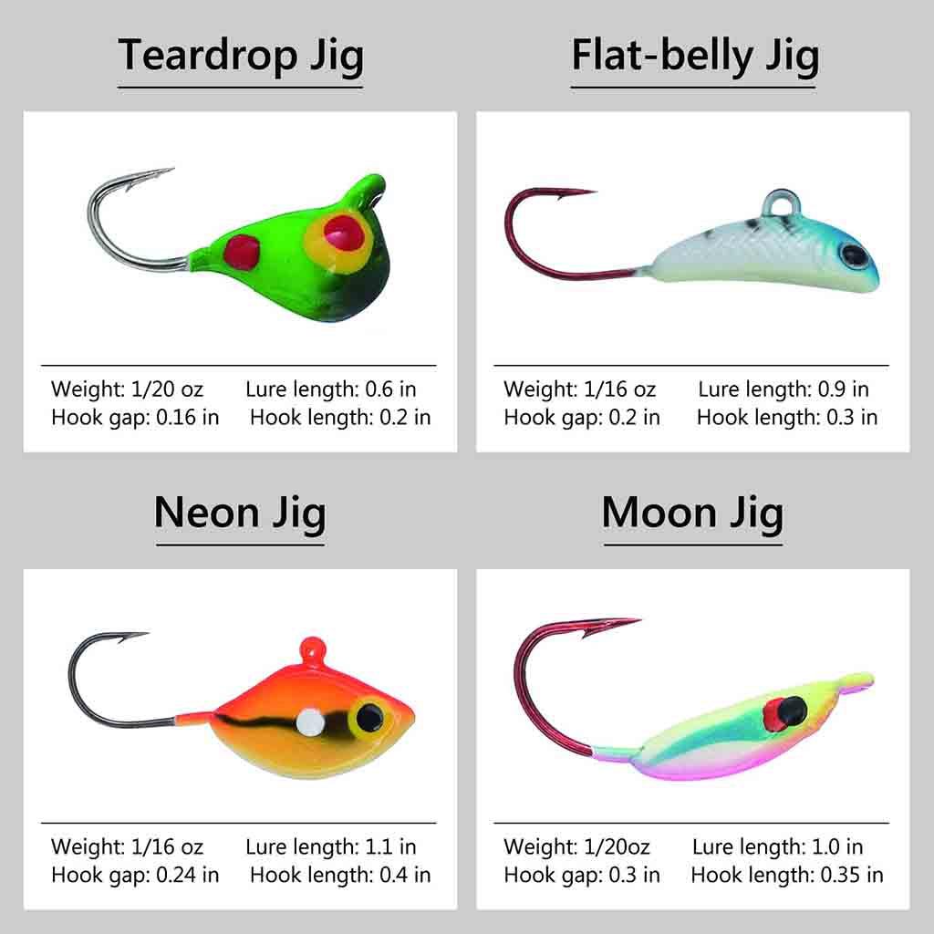 BASSDASH Ice Fishing Lure Kit Glowing Paint Jigs For Winter Ice Jigging Crappie Sunfish Perch Walleye Pike With Tackle Box